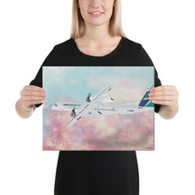 Load image into Gallery viewer, This beautiful WestJet livery Dash 8 Q400 will brighten up any space. Then design appeal would be a great gift for any aviation geek or aviation enthusiast. If you&#39;re looking to add a little flair to your room or office? Look no further. Aviation Art, Digital Art, Turbo Prop Aircraft Art.
