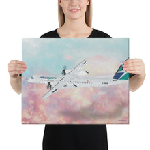 Load image into Gallery viewer, This beautiful WestJet livery Dash 8 Q400 will brighten up any space. Then design appeal would be a great gift for any aviation geek or aviation enthusiast. If you&#39;re looking to add a little flair to your room or office? Look no further. Aviation Art, Digital Art, Turbo Prop Aircraft Art.
