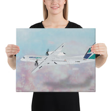 Load image into Gallery viewer, This beautiful WestJet livery Dash 8 Q400 will brighten up any space. Then design appeal would be a great gift for any aviation geek or aviation enthusiast. If you&#39;re looking to add a little flair to your room or office? Look no further. Aviation Art, Digital Art, Turbo Prop Aircraft Art.
