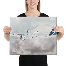 Load image into Gallery viewer, This beautiful WestJet livery Dash 8 Q400 will brighten up any space. Then design appeal would be a great gift for any aviation geek or aviation enthusiast. If you&#39;re looking to add a little flair to your room or office? Look no further. Aviation Art, Digital Art, Turbo Prop Aircraft Art.
