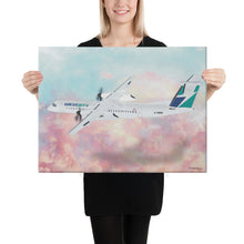 Load image into Gallery viewer, This beautiful WestJet livery Dash 8 Q400 will brighten up any space. Then design appeal would be a great gift for any aviation geek or aviation enthusiast. If you&#39;re looking to add a little flair to your room or office? Look no further. Aviation Art, Digital Art, Turbo Prop Aircraft Art.
