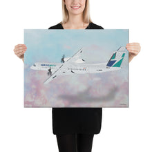 Load image into Gallery viewer, This beautiful WestJet livery Dash 8 Q400 will brighten up any space. Then design appeal would be a great gift for any aviation geek or aviation enthusiast. If you&#39;re looking to add a little flair to your room or office? Look no further. Aviation Art, Digital Art, Turbo Prop Aircraft Art.
