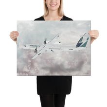 Load image into Gallery viewer, This beautiful WestJet livery Dash 8 Q400 will brighten up any space. Then design appeal would be a great gift for any aviation geek or aviation enthusiast. If you&#39;re looking to add a little flair to your room or office? Look no further. Aviation Art, Digital Art, Turbo Prop Aircraft Art.
