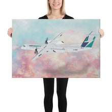 Load image into Gallery viewer, This beautiful WestJet livery Dash 8 Q400 will brighten up any space. Then design appeal would be a great gift for any aviation geek or aviation enthusiast. If you&#39;re looking to add a little flair to your room or office? Look no further. Aviation Art, Digital Art, Turbo Prop Aircraft Art.
