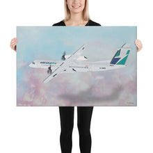 Load image into Gallery viewer, This beautiful WestJet livery Dash 8 Q400 will brighten up any space. Then design appeal would be a great gift for any aviation geek or aviation enthusiast. If you&#39;re looking to add a little flair to your room or office? Look no further. Aviation Art, Digital Art, Turbo Prop Aircraft Art.
