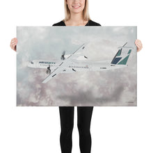 Load image into Gallery viewer, This beautiful WestJet livery Dash 8 Q400 will brighten up any space. Then design appeal would be a great gift for any aviation geek or aviation enthusiast. If you&#39;re looking to add a little flair to your room or office? Look no further. Aviation Art, Digital Art, Turbo Prop Aircraft Art.
