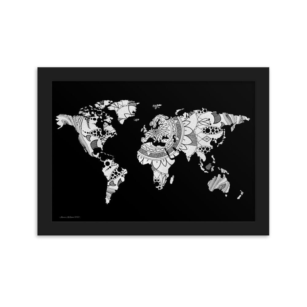 Map of the World Mandala (Black) - Framed Poster