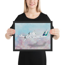 Load image into Gallery viewer, This beautiful WestJet livery Dash 8 Q400 will brighten up any space. Then design appeal would be a great gift for any aviation geek or aviation enthusiast. If you&#39;re looking to add a little flair to your room or office? Look no further. Aviation Art, Digital Art, Turbo Prop Aircraft Art.
