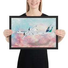 Load image into Gallery viewer, This beautiful WestJet livery Dash 8 Q400 will brighten up any space. Then design appeal would be a great gift for any aviation geek or aviation enthusiast. If you&#39;re looking to add a little flair to your room or office? Look no further. Aviation Art, Digital Art, Turbo Prop Aircraft Art.
