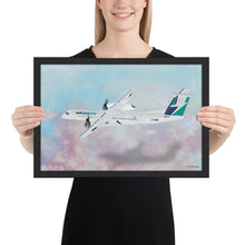 Load image into Gallery viewer, This beautiful WestJet livery Dash 8 Q400 will brighten up any space. Then design appeal would be a great gift for any aviation geek or aviation enthusiast. If you&#39;re looking to add a little flair to your room or office? Look no further. Aviation Art, Digital Art, Turbo Prop Aircraft Art.
