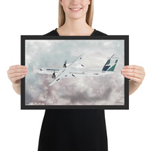 Load image into Gallery viewer, This beautiful WestJet livery Dash 8 Q400 will brighten up any space. Then design appeal would be a great gift for any aviation geek or aviation enthusiast. If you&#39;re looking to add a little flair to your room or office? Look no further. Aviation Art, Digital Art, Turbo Prop Aircraft Art.
