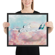 Load image into Gallery viewer, This beautiful WestJet livery Dash 8 Q400 will brighten up any space. Then design appeal would be a great gift for any aviation geek or aviation enthusiast. If you&#39;re looking to add a little flair to your room or office? Look no further. Aviation Art, Digital Art, Turbo Prop Aircraft Art.
