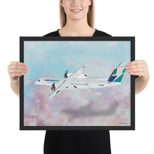 Load image into Gallery viewer, This beautiful WestJet livery Dash 8 Q400 will brighten up any space. Then design appeal would be a great gift for any aviation geek or aviation enthusiast. If you&#39;re looking to add a little flair to your room or office? Look no further. Aviation Art, Digital Art, Turbo Prop Aircraft Art.
