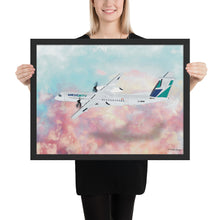 Load image into Gallery viewer, This beautiful WestJet livery Dash 8 Q400 will brighten up any space. Then design appeal would be a great gift for any aviation geek or aviation enthusiast. If you&#39;re looking to add a little flair to your room or office? Look no further. Aviation Art, Digital Art, Turbo Prop Aircraft Art.
