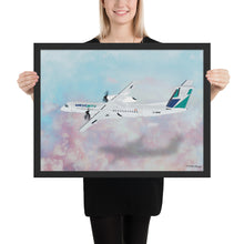 Load image into Gallery viewer, This beautiful WestJet livery Dash 8 Q400 will brighten up any space. Then design appeal would be a great gift for any aviation geek or aviation enthusiast. If you&#39;re looking to add a little flair to your room or office? Look no further. Aviation Art, Digital Art, Turbo Prop Aircraft Art.
