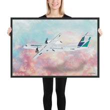 Load image into Gallery viewer, This beautiful WestJet livery Dash 8 Q400 will brighten up any space. Then design appeal would be a great gift for any aviation geek or aviation enthusiast. If you&#39;re looking to add a little flair to your room or office? Look no further. Aviation Art, Digital Art, Turbo Prop Aircraft Art.
