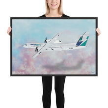 Load image into Gallery viewer, This beautiful WestJet livery Dash 8 Q400 will brighten up any space. Then design appeal would be a great gift for any aviation geek or aviation enthusiast. If you&#39;re looking to add a little flair to your room or office? Look no further. Aviation Art, Digital Art, Turbo Prop Aircraft Art.
