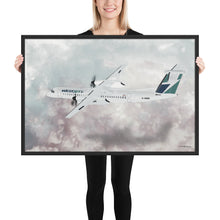 Load image into Gallery viewer, This beautiful WestJet livery Dash 8 Q400 will brighten up any space. Then design appeal would be a great gift for any aviation geek or aviation enthusiast. If you&#39;re looking to add a little flair to your room or office? Look no further. Aviation Art, Digital Art, Turbo Prop Aircraft Art.
