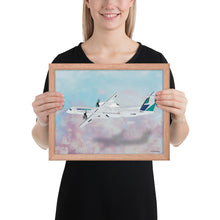 Load image into Gallery viewer, This beautiful WestJet livery Dash 8 Q400 will brighten up any space. Then design appeal would be a great gift for any aviation geek or aviation enthusiast. If you&#39;re looking to add a little flair to your room or office? Look no further. Aviation Art, Digital Art, Turbo Prop Aircraft Art.
