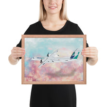 Load image into Gallery viewer, This beautiful WestJet livery Dash 8 Q400 will brighten up any space. Then design appeal would be a great gift for any aviation geek or aviation enthusiast. If you&#39;re looking to add a little flair to your room or office? Look no further. Aviation Art, Digital Art, Turbo Prop Aircraft Art.
