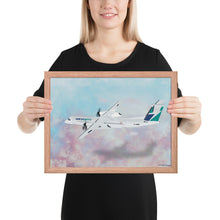 Load image into Gallery viewer, This beautiful WestJet livery Dash 8 Q400 will brighten up any space. Then design appeal would be a great gift for any aviation geek or aviation enthusiast. If you&#39;re looking to add a little flair to your room or office? Look no further. Aviation Art, Digital Art, Turbo Prop Aircraft Art.
