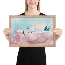 Load image into Gallery viewer, This beautiful WestJet livery Dash 8 Q400 will brighten up any space. Then design appeal would be a great gift for any aviation geek or aviation enthusiast. If you&#39;re looking to add a little flair to your room or office? Look no further. Aviation Art, Digital Art, Turbo Prop Aircraft Art.
