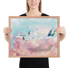 Load image into Gallery viewer, This beautiful WestJet livery Dash 8 Q400 will brighten up any space. Then design appeal would be a great gift for any aviation geek or aviation enthusiast. If you&#39;re looking to add a little flair to your room or office? Look no further. Aviation Art, Digital Art, Turbo Prop Aircraft Art.
