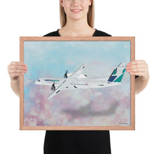 Load image into Gallery viewer, This beautiful WestJet livery Dash 8 Q400 will brighten up any space. Then design appeal would be a great gift for any aviation geek or aviation enthusiast. If you&#39;re looking to add a little flair to your room or office? Look no further. Aviation Art, Digital Art, Turbo Prop Aircraft Art.
