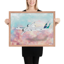 Load image into Gallery viewer, This beautiful WestJet livery Dash 8 Q400 will brighten up any space. Then design appeal would be a great gift for any aviation geek or aviation enthusiast. If you&#39;re looking to add a little flair to your room or office? Look no further. Aviation Art, Digital Art, Turbo Prop Aircraft Art.
