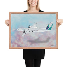 Load image into Gallery viewer, This beautiful WestJet livery Dash 8 Q400 will brighten up any space. Then design appeal would be a great gift for any aviation geek or aviation enthusiast. If you&#39;re looking to add a little flair to your room or office? Look no further. Aviation Art, Digital Art, Turbo Prop Aircraft Art.
