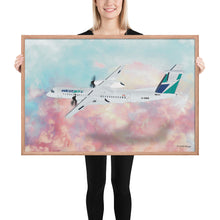 Load image into Gallery viewer, This beautiful WestJet livery Dash 8 Q400 will brighten up any space. Then design appeal would be a great gift for any aviation geek or aviation enthusiast. If you&#39;re looking to add a little flair to your room or office? Look no further. Aviation Art, Digital Art, Turbo Prop Aircraft Art.
