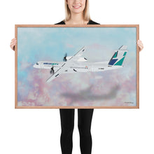 Load image into Gallery viewer, This beautiful WestJet livery Dash 8 Q400 will brighten up any space. Then design appeal would be a great gift for any aviation geek or aviation enthusiast. If you&#39;re looking to add a little flair to your room or office? Look no further. Aviation Art, Digital Art, Turbo Prop Aircraft Art.
