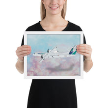 Load image into Gallery viewer, This beautiful WestJet livery Dash 8 Q400 will brighten up any space. Then design appeal would be a great gift for any aviation geek or aviation enthusiast. If you&#39;re looking to add a little flair to your room or office? Look no further. Aviation Art, Digital Art, Turbo Prop Aircraft Art.
