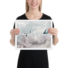 Load image into Gallery viewer, This beautiful WestJet livery Dash 8 Q400 will brighten up any space. Then design appeal would be a great gift for any aviation geek or aviation enthusiast. If you&#39;re looking to add a little flair to your room or office? Look no further. Aviation Art, Digital Art, Turbo Prop Aircraft Art.
