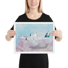 Load image into Gallery viewer, This beautiful WestJet livery Dash 8 Q400 will brighten up any space. Then design appeal would be a great gift for any aviation geek or aviation enthusiast. If you&#39;re looking to add a little flair to your room or office? Look no further. Aviation Art, Digital Art, Turbo Prop Aircraft Art.
