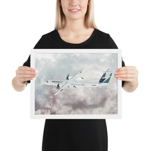 Load image into Gallery viewer, This beautiful WestJet livery Dash 8 Q400 will brighten up any space. Then design appeal would be a great gift for any aviation geek or aviation enthusiast. If you&#39;re looking to add a little flair to your room or office? Look no further. Aviation Art, Digital Art, Turbo Prop Aircraft Art.
