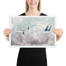 Load image into Gallery viewer, This beautiful WestJet livery Dash 8 Q400 will brighten up any space. Then design appeal would be a great gift for any aviation geek or aviation enthusiast. If you&#39;re looking to add a little flair to your room or office? Look no further. Aviation Art, Digital Art, Turbo Prop Aircraft Art.
