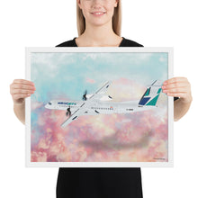 Load image into Gallery viewer, This beautiful WestJet livery Dash 8 Q400 will brighten up any space. Then design appeal would be a great gift for any aviation geek or aviation enthusiast. If you&#39;re looking to add a little flair to your room or office? Look no further. Aviation Art, Digital Art, Turbo Prop Aircraft Art.
