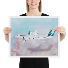 Load image into Gallery viewer, This beautiful WestJet livery Dash 8 Q400 will brighten up any space. Then design appeal would be a great gift for any aviation geek or aviation enthusiast. If you&#39;re looking to add a little flair to your room or office? Look no further. Aviation Art, Digital Art, Turbo Prop Aircraft Art.
