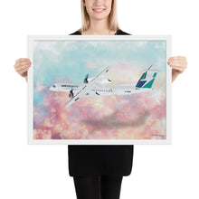 Load image into Gallery viewer, This beautiful WestJet livery Dash 8 Q400 will brighten up any space. Then design appeal would be a great gift for any aviation geek or aviation enthusiast. If you&#39;re looking to add a little flair to your room or office? Look no further. Aviation Art, Digital Art, Turbo Prop Aircraft Art.
