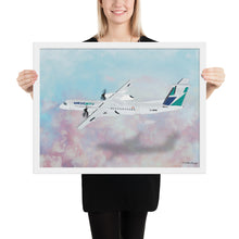 Load image into Gallery viewer, This beautiful WestJet livery Dash 8 Q400 will brighten up any space. Then design appeal would be a great gift for any aviation geek or aviation enthusiast. If you&#39;re looking to add a little flair to your room or office? Look no further. Aviation Art, Digital Art, Turbo Prop Aircraft Art.
