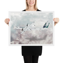 Load image into Gallery viewer, This beautiful WestJet livery Dash 8 Q400 will brighten up any space. Then design appeal would be a great gift for any aviation geek or aviation enthusiast. If you&#39;re looking to add a little flair to your room or office? Look no further. Aviation Art, Digital Art, Turbo Prop Aircraft Art.
