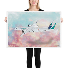 Load image into Gallery viewer, This beautiful WestJet livery Dash 8 Q400 will brighten up any space. Then design appeal would be a great gift for any aviation geek or aviation enthusiast. If you&#39;re looking to add a little flair to your room or office? Look no further. Aviation Art, Digital Art, Turbo Prop Aircraft Art.
