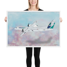 Load image into Gallery viewer, This beautiful WestJet livery Dash 8 Q400 will brighten up any space. Then design appeal would be a great gift for any aviation geek or aviation enthusiast. If you&#39;re looking to add a little flair to your room or office? Look no further. Aviation Art, Digital Art, Turbo Prop Aircraft Art.
