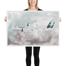 Load image into Gallery viewer, This beautiful WestJet livery Dash 8 Q400 will brighten up any space. Then design appeal would be a great gift for any aviation geek or aviation enthusiast. If you&#39;re looking to add a little flair to your room or office? Look no further. Aviation Art, Digital Art, Turbo Prop Aircraft Art.
