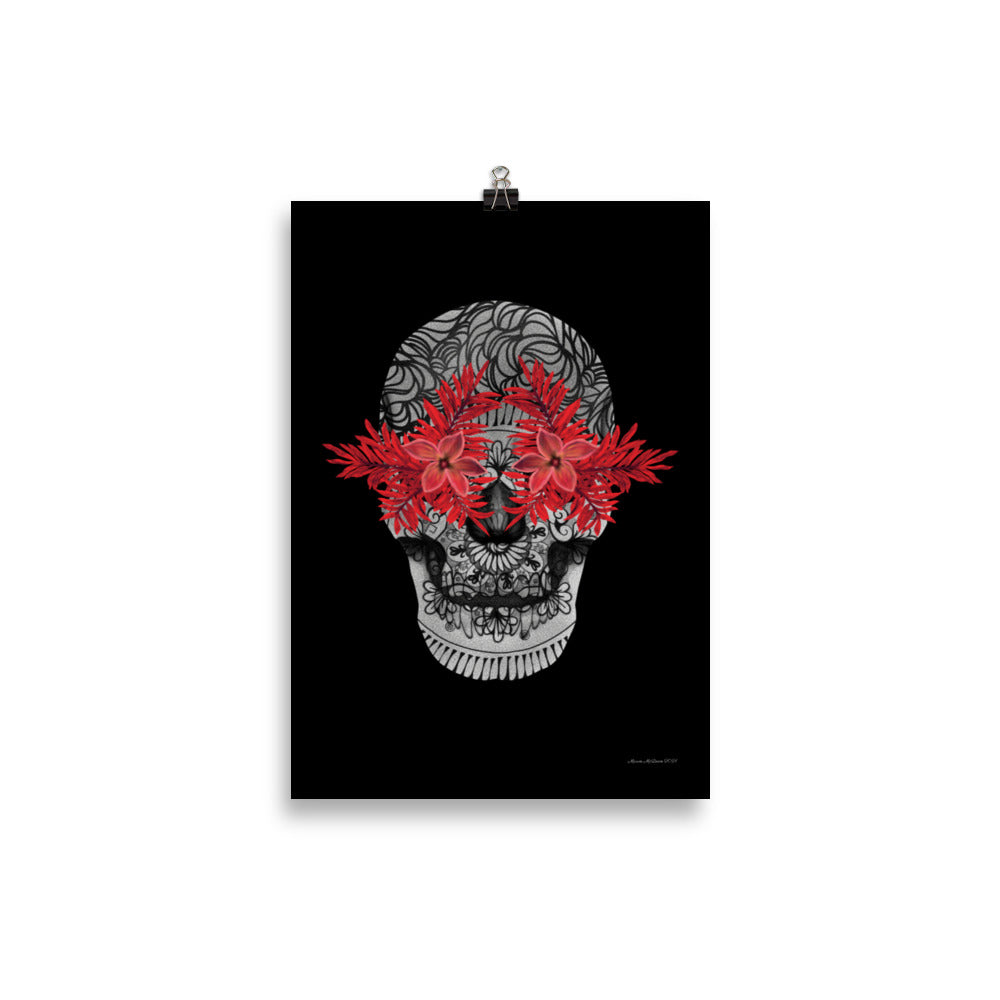 Candy Skull Art - Red Flowers - Frameless Poster