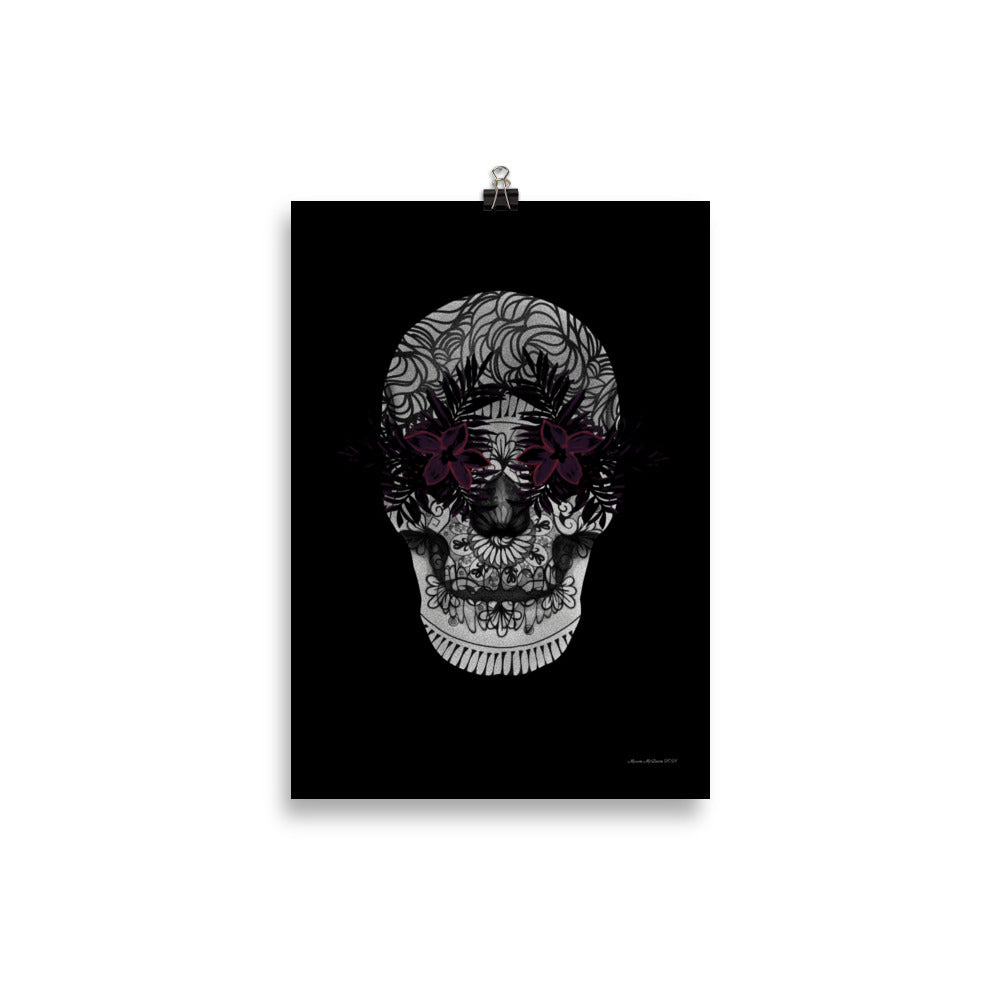 Candy Skull Art - Black Flowers - Frameless Poster