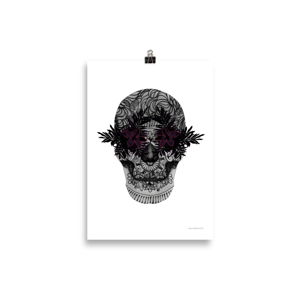 Candy Skull Art - Black Flowers - Frameless Poster