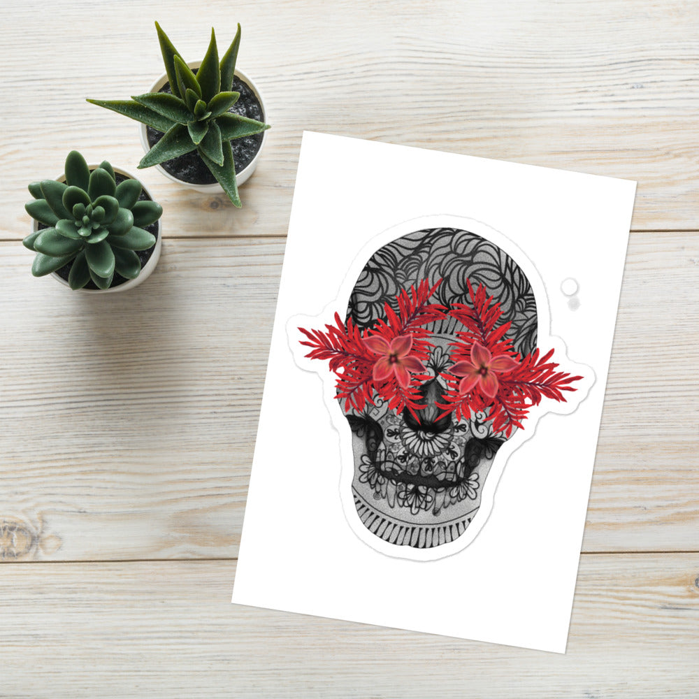 Candy Skull Art - Red Flower Eyes - Sticker Sheet