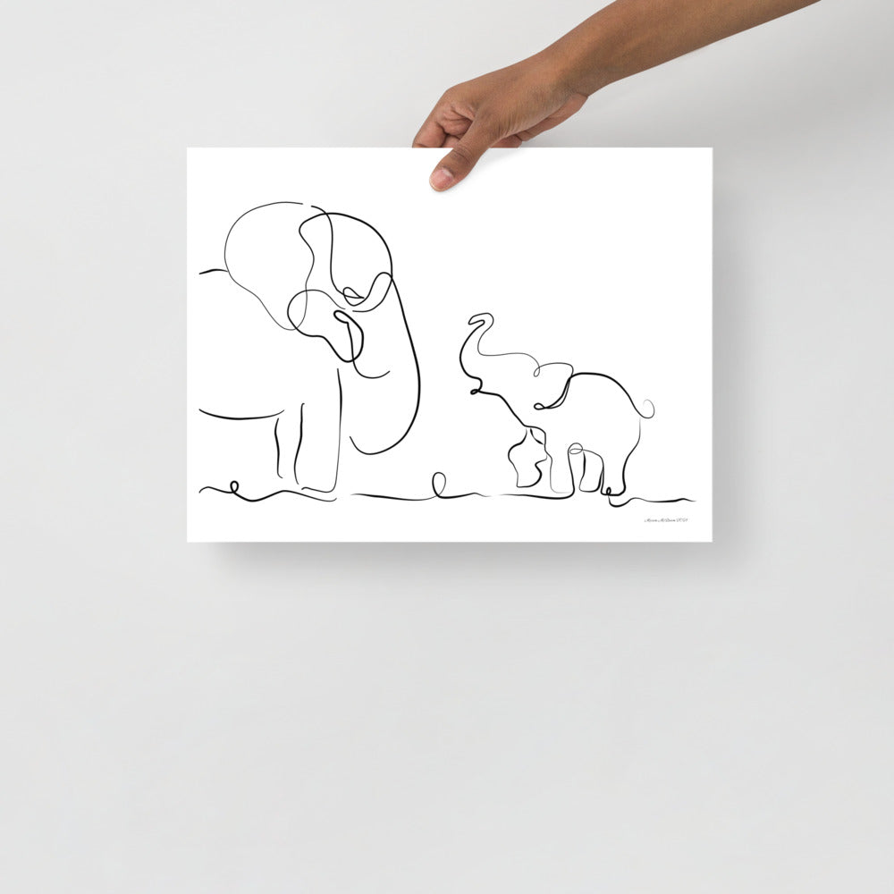 Mom and Baby Elephant - Line Art - Frameless Poster